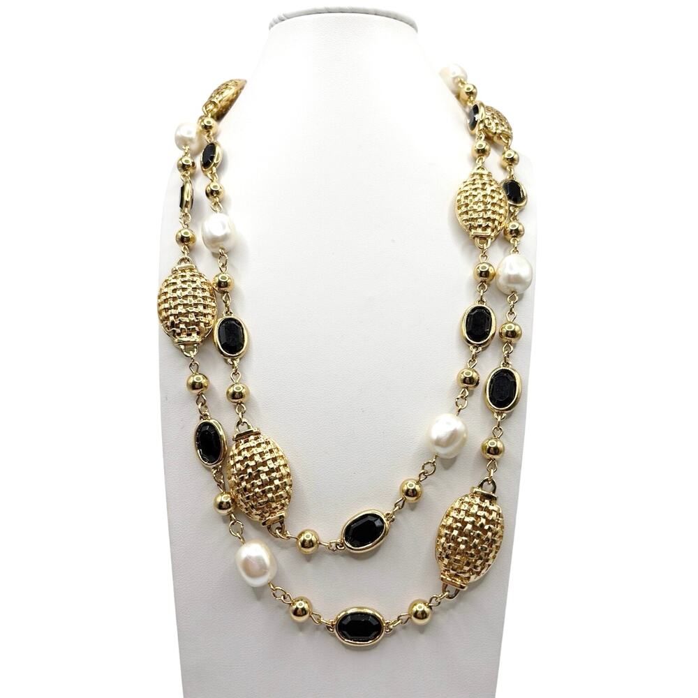 Vintage Extra Long Necklace Faux Pearl and Black Lucite 40”